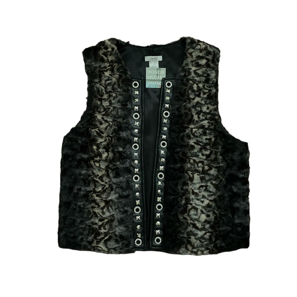 y2k 2000s Vintage Caché Gray Rhinestone Glam Faux Fur Open Vest Size Medium